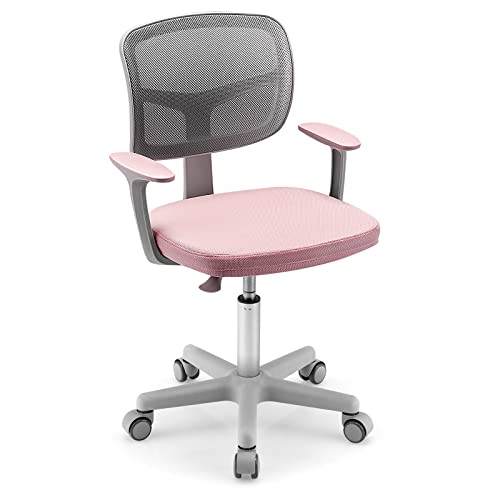 Costzon Kids Desk Chair, Children Study Computer Chair with Adjustable Height, Lumbar Support, Sit-Brake Casters, Swivel Mesh Seat, Ergonomic Kids Task Chair for 3-10, Home, School, Office (Pink)