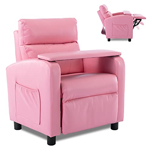 hzlagm Kids Recliner Chair, Kids Recliner Chairs for Toddlers Age 3-7 with Portable Table Board, Side Pocket and Non-Slip Footstool, Small Recliner for Girls Boys Children's Rooms-Pink Kids Recliner
