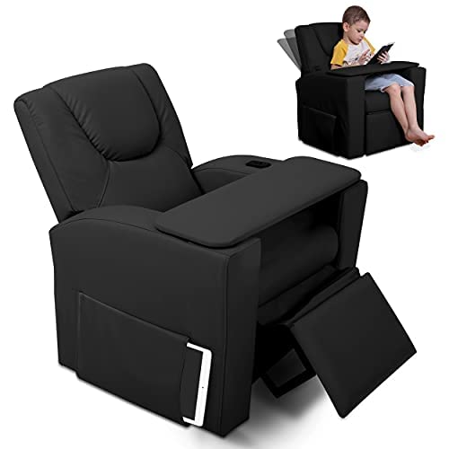 KANGAROOU Kids Recliner Chair with Cup Holder | Toddler Recliner Chair with Side Pockets, Table Tray, and USB Port | Baby Recliner Chair for Toddler for Gaming | Child Recliner with Footrest | Black