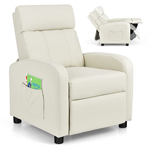 Costzon Kids Recliner, Adjustable PU Leather Lounge Chair w/Side Pockets, Footrest, Headrest for Kids Room & Play Room, Easy to Clean, Padded Recliner Sofa for Children Boys Girls Aged 3-12 (Beige)