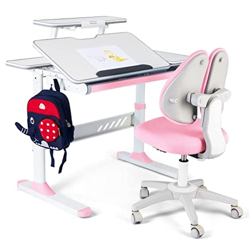 COSVALVE Premium Kids Study Desk and Chair Set,Adjustable Girls School Writing Study Table,Ergonomic Desk Chair with Large Writing Board Pull Out Drawer Bookstand Pink
