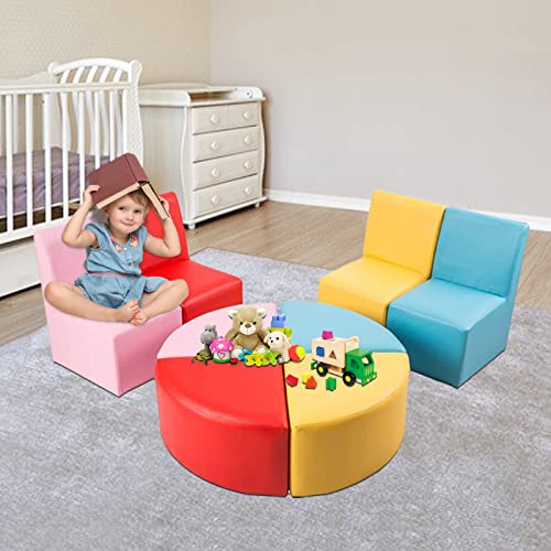 AIIT Kinlife Kids Table and Chair Set - 8PCS Soft Foam & PVC Seating Set Sofa Toddler Stools Colorful Table for Preschool Playroom Classroom Daycare
