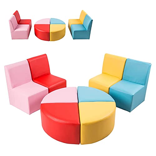 Kinsuite Kids Sofa Seating Set Convert to Table and 4 Chairs Colorful Stools for Toddlers Soft Foam Play 8 PCs Set for Classroom