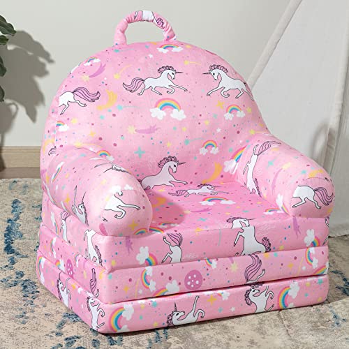 HIGOGOGO Plush Foldable Kids Sofa, Unicorn Pattern Children Couch Backrest Armchair Bed with Pocket and Handle, Upholstered 2 in 1 Flip Open Infant Baby Seat for Living Room Bedroom, Pink