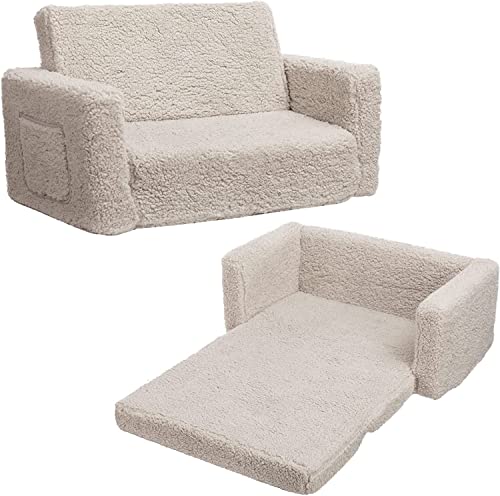 ALIMORDEN 2-in-1 Flip Out Extra Wide Cuddly Sherpa Toddler Couch, Convertible Sofa to Lounger, Cream