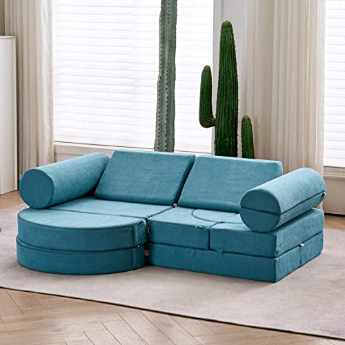 jela Kids Couch 14PCS Luxury, Floor Couch Floor Sofa Modular Furniture for Adults, Playhouse Play Set for Toddlers Babies, Modular Foam Play Couch, Modular Sectional Sofa (Teal, 57"x28"x18")