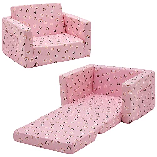 Ulax Furniture Kids Sofa Chair Children FILP-Out Chair 2-in-1 Convertible Sofa to Sleeper Couch (Pink Rainbow)