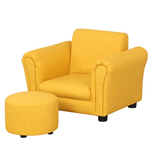 Getifun Kids Sofa Chair with Ottoman/PVC Leather Toddler Couch with Plastic Legs/Upholstered Children Armchair for Kids Under 4 Years Old/Single Seat with Stool (Yellow)