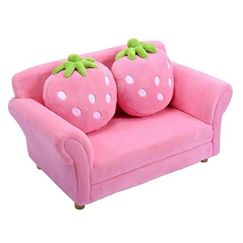 Kids Sofa, With 2 Cute Strawberry Pillows, Toddler Chair Armrest Chair Double Seats, Toddler Couch Lounge Bed 2 In 1, Wooden Frame And Coral Fleece Surface For Bedroom, Living Room, Baby Room