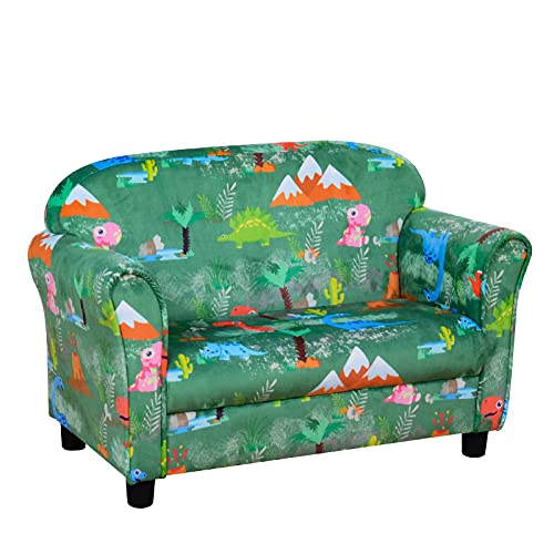 Yoonnie room Kid Sofa Chair,2-Seater Upholstered Kid Couch with Dinosaur Pattern Velvet Fabric for Children Gift(Green)