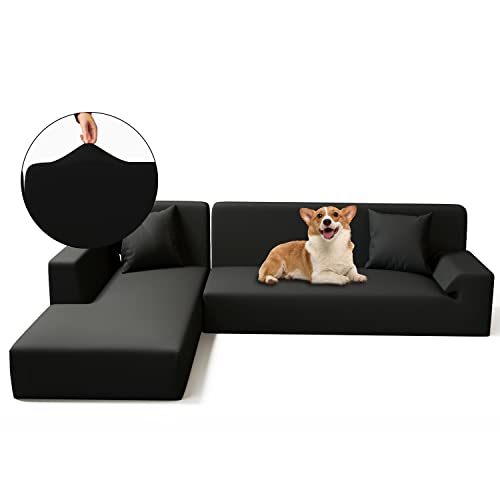 JULAND Couch Cover for Sectional Sofa L Shape, 2-Piece Sofa Covers Non Slip, 3 Seat Sofa + 3 Seat Chaise Furniture Protector Couch Slipcover with Pillowcases, Great for Kids & Pets (Black)