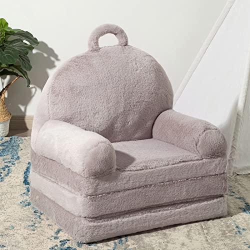 HIGOGOGO Plush Foldable Toddler Chair, Grey Children Couch Backrest Armchair Bed, Upholstered 2 in 1 Flip Open Infant Baby Seat, Kids Sofa for Living Room Bedroom
