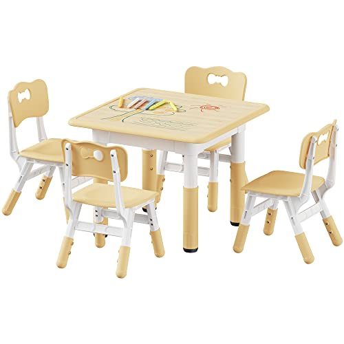 Brelley Kids Table and 4 Chairs Set, Height Adjustable Toddler Table and Chair Set, Graffiti Desktop, Classroom/Daycare/Home, Children Multi-Activity Table for Ages 2-10
