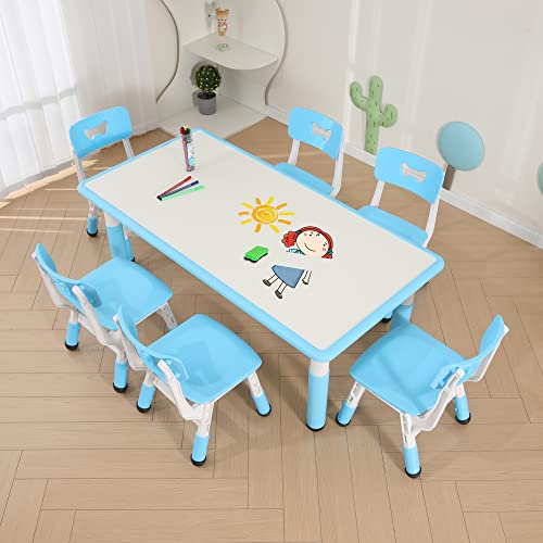 JIAOQIU Kids Table and Chair Set with 6 Seats Height Adjustable Graffiti Table for Age 2-12 Easy to Clean Assemble Kids Activity Art Craft Table for Daycare Classroom Home Blue