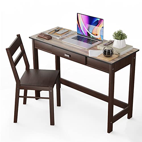 Tangkula Study Desk & Chair Set, Kids Learning Table with Drawer, Ergonomic Chair with Inclined Backrest, Students Computer Workstation with Solid Rubber Wood Feet, Teen Desk & Chair Set