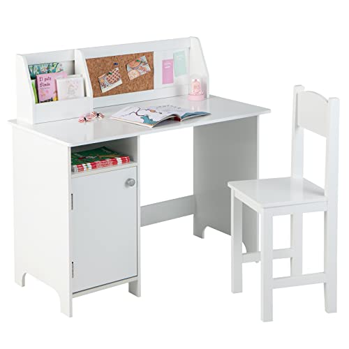Costzon Kids Desk and Chair Set, Wooden Children Study Table with Hutch, Cabinet, Bulletin Board, Student Computer Workstation Writing Table for Bedroom, Study Room, Gift for Boys Girls 3+ (White)