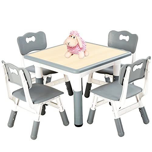 FUNLIO Kids Table and 4 Chairs Set, Height Adjustable Toddler Table and Chair Set for Ages 3-8, Easy to Wipe Arts & Crafts Table, for Classrooms/Daycares/Homes, CPC & CE Approved (5-Piece Set) - Gray