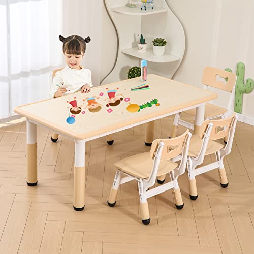 HAPPYMATY Kids Table and Chair Set 2-8 Year Old, Height Adjustable, Easy to Wipe Graffiti Table and Chairs for Toddlers/Children Reading, Drawing, Eating, Studying, Parent-Child Interaction