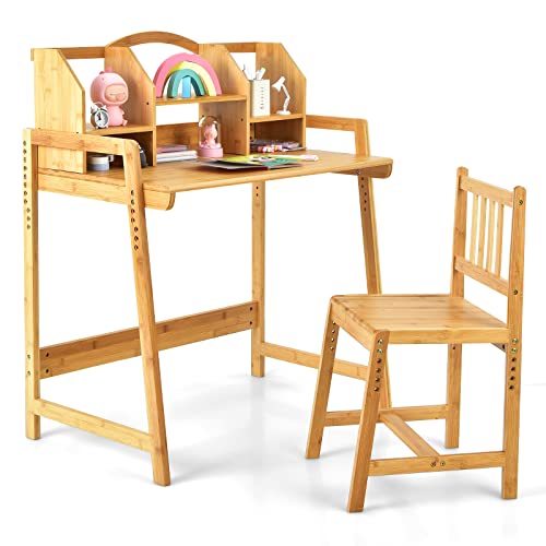 Costzon Kids Desk and Chair Set, Height Adjustable Children Study Table and Chair w/Bookshelves, Student Writing Computer Workstation for Bedroom & Study Room, Bamboo Desk & Chair for Kids (Natural)