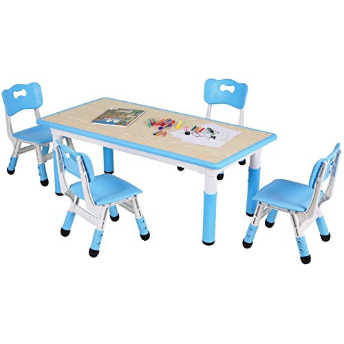 Arlopu Big Kids Study Table and 4 Chair Set, Height Adjustable Toddler Table and Chair Set for 4, Multifunctional Toddler Table, Reading, Drawing, Eating Interaction (Blue, Long Table)