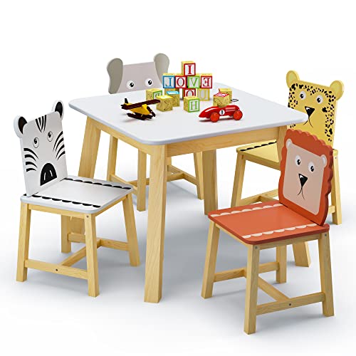 FAMIKITO Kids Table with 4 Chairs Set, 5 Pieces Cartoon Animals Toddler Table and Chairs Set, Wooden Children Furniture Set for Playroom Kindergarten, Gift for Ages 2+