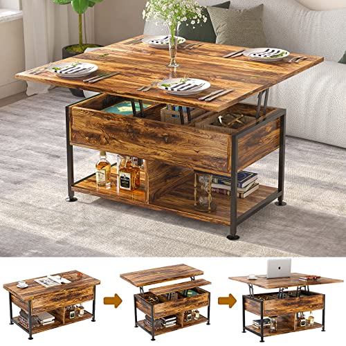 cosimates Lift Top Coffee Table ，4 in 1 Multi-Function Coffee Table with Hidden Compartment ，Modern Lift Tabletop Dining Table for Living Room Reception/Home Office, Rustic Brown