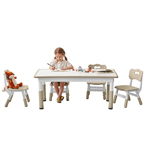 GITAWUSA Kids Study Table and Chairs Set, Height Adjustable Toddler Table and Chair Set for Kids Ages 3-8, Graffiti Desktop Plastic Children Art Table with 4 Seats