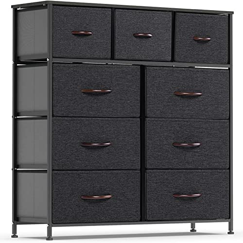 WAYTRIM Dresser for Bedroom with 9 Drawers, Tall Fabric Dresser, Wide Chest of Drawers for Closet, Clothes, Kids, Baby, Living Room, Wood Board, Fabric Drawers (Dark Indigo)
