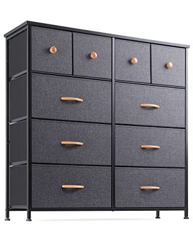 Nicehill Dresser for Bedroom with 10 Drawers, Storage Drawer Organizer, Tall Chest of Drawers for Closet, Clothes, Kids, Baby, Living Room, Wood Board, Fabric Drawers (Black Grey)