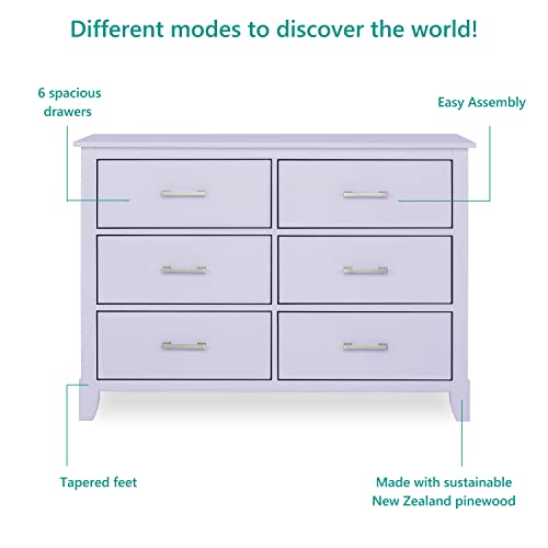 Dream On Me Universal Double Dresser in Lavender Ice, Kids Bedroom Dresser, Six Drawers, Mid-Century Modern, Made of Solid Pinewood, Easy Assembly