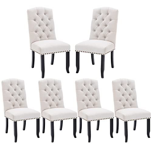COLAMY Button Tufted Dining Chairs Set of 6, Upholstered Parsons Dining Room Chairs, Fabric Kitchen Side Chair with Nailhead Trim and Wood Legs, Beige