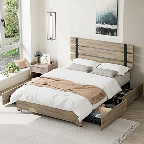 Queen Size Bed Frame with 4 Storage Drawers Modern Industrial Headboard and Footboard, Metal Platform Bed Frame 12 Wood Slats Strong Mattress Foundation No Box Spring Needed Noise-Free, Grayish Brown