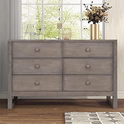 Merax Dresser Modern Farmhouse Wood 6 Bedroom, Wide Storage Cabinet for Closet, Clothes, Kids, Baby, TV Stand with Drawers, White, Antique Gray