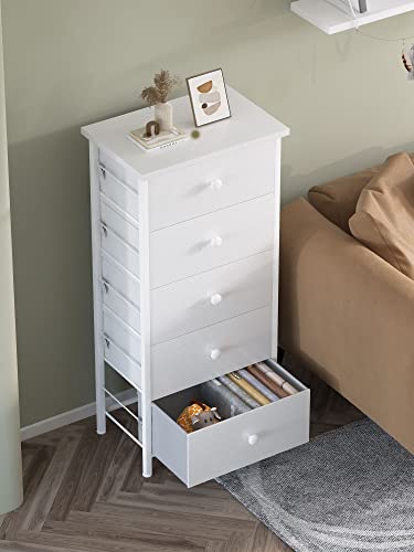 BOLUO Tall White Dresser for Bedroom 5 Drawer Dressers & Chests of Drawers Fabric Dresser Storage Tower for Closet Kids and Adult Modern