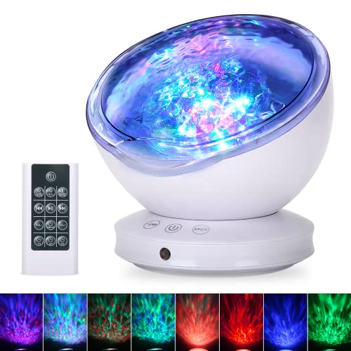 ziziwin Ocean Wave Projector, 12 LED Remote Control Night Light Lamp Timer 8 Colors Changing LED Kids Night Light Projector Lamp for Baby Children Adult Bedroom Living Room and Party Decorations
