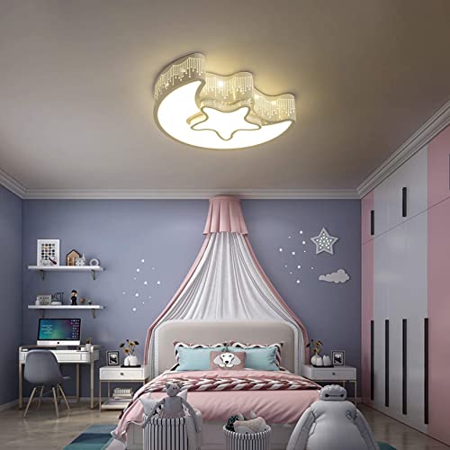 Fang Yan Mei Close to Ceiling Light fixtures Modern Girl’s Bedroom Ceiling Light Metal Chandeliers Moon Star Shape Lighting for Bedroom Kids Room with Natural Light,White,4000K