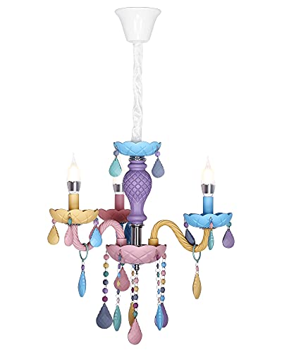 ExtraCozy Kids Crystal Pendant Ceiling Light Chandelier with Umbrella-Shape and Diamond-Raindrops Lampshade Height Adjustable & Three-Color Dimmable Lighting Perfect for Decor Room(Macaron,3 Lights)