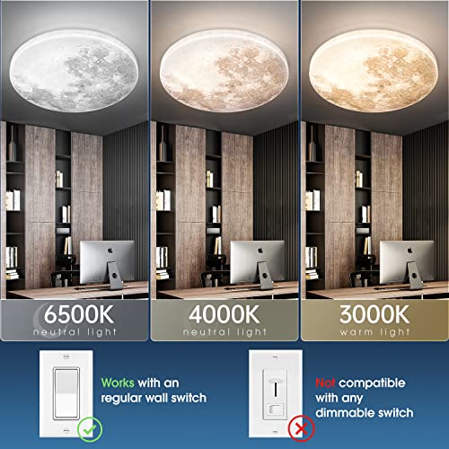 31W 13.8IN Moon-style Dimmable Flush Mount Ceiling Light Fixture, 3000K/4000K/6500K Changeable Color by Wall Switch, LED Modern Ceiling Lamp for Bedroom, Kitchen, Hallway, Kids room, Laundry Room