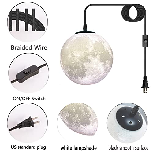 HFUGUD Plug in Pendant Lighting with Cord,Hanging Lamps That Plug Into Wall Outlet White,16.4Ft Hanging Light Cord with Switch,3D Paint Hanging Moon Light for Kids Room(Bulb Included)