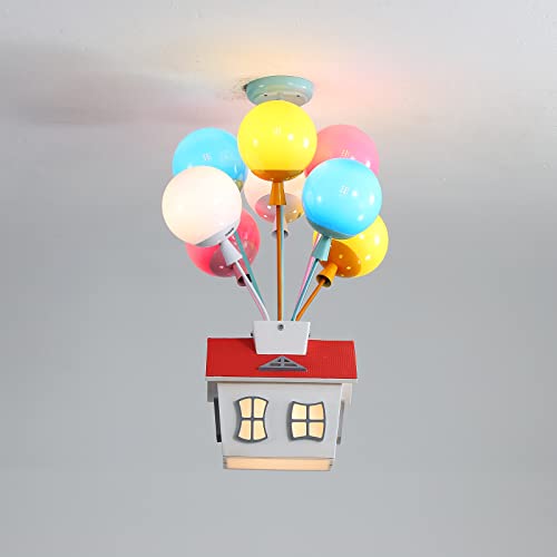 Semi Flush Mount Chandelier Kids Colorful Balloon Glass Pendant Lighting Fixture E27 Wood Ceiling Lamp Segmented Dimmable 9 Lights Deco for Children's Room, Nursery, Kindergarten, Bedroom, Living Room