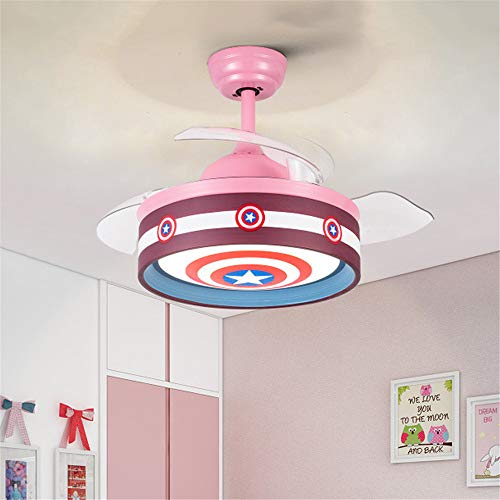 BAYCHEER 36" W Drum Hero Shield Pattern Ceiling Fan Lighting Metallic Nordic Kids LED Semi Flush Mount Lamp with 3 Blades Remote Control Adjustable Tri-Color Dimming for Bedroom,Pink