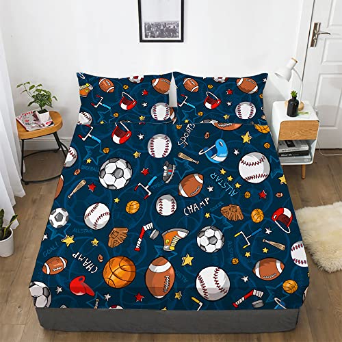 Gusuhome Boys Sports Fitted Sheet Full/Queen Size 3D Soccer Basketball Baseball Football Bedding for Kids Teens Bedroom Comfy Deep Pocket Bed Sheet Set Decorative for Sports Fans Blue