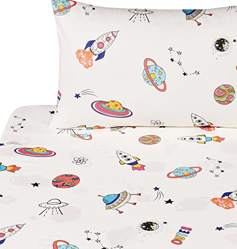 J-pinno Outer Space Planet Rocket Travel Adorable Twin 100% Cotton 3 Pieces Sheet Set for Kids Girls Children Flat Sheet + Fitted Sheet + Pillowcase Bedding Decoration Gift Set