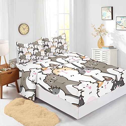 CVHOUSE Cat Fitted Sheet Queen Size,Cartoon Cat Bed Sheet Set for Kids Teens,Kawaii Bedding Set,1 Flat Sheet & 1 Fitted Sheet with 2 Pillow Cases - 4 Piece