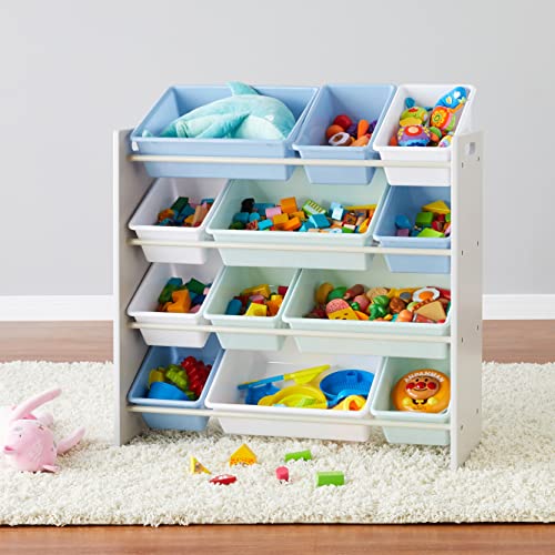 Amazon Basics Kids Toy Storage Organizer with 12 Plastic Bins, Grey Wood with Blue Bins, 10.9"D x 33.6"W x 31.1"H