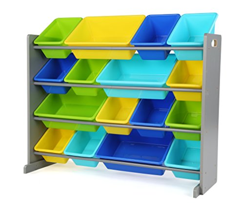 Humble Crew Extra-Large Toy Organizer, 16 Storage Bins, Grey/Blue/Green/Yellow,15.5"D x 42"W x 35"H