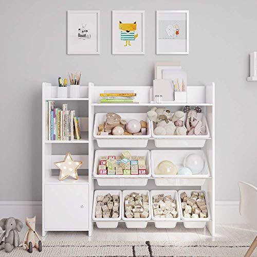 Sturdis Kids Toy Storage Organizer with Kids Toy Shelf and 8 White Toy Bins – Perfect Toy Storage Solution - Your Kids Will Have Fun and You Will be Free from Messes!