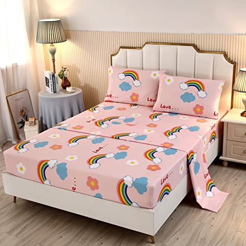 SDY 4PCS Rainbow Bedding Sheet Set,Twin Size Cute Pink Unicorn Sheets Set Included 1 Deep Pocket Fitted Sheet+1 Top Flat Sheet+2 Pillowcases for Kids Girls Toddler