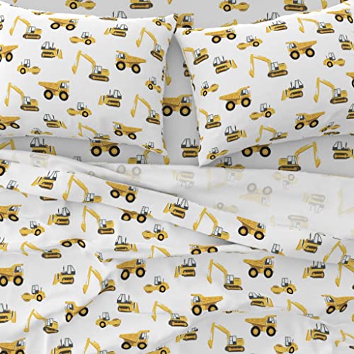 Spoonflower 100% Cotton Sheets, Queen 4pc Set - Large Trucks Yellow White Construction Truck Steam Roller Baby Nursery Boy Print Custom Bedding