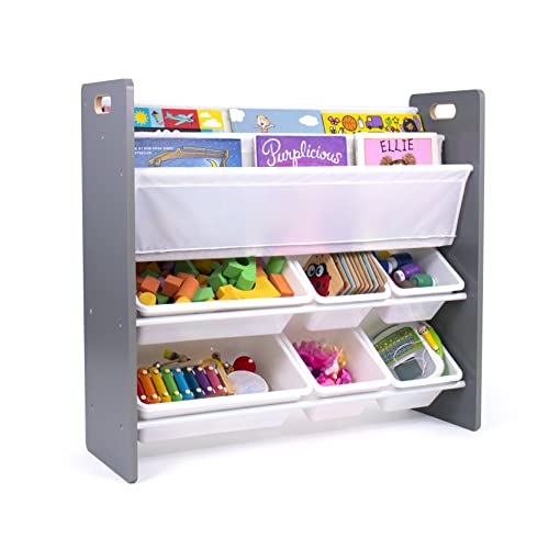 Humble Crew, Grey/White Kids Read n’ Play 6 Bin Toy Organizer and 2 Tier Bookrack
